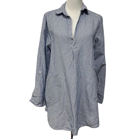 For Cynthia Linen Blend Cover Up Top Tunic Blue Striped Roll Tab Sleeves Size M - Picture 2 of 9